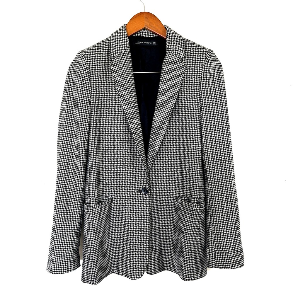 Zara Womens Houndstooth Wool Blazer Sz S Black White Single Button Career Office